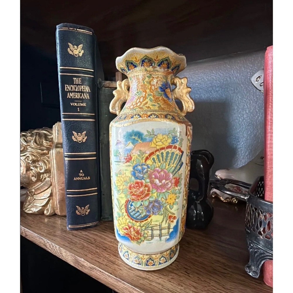 Vintage Satsuma Style Porcelain Vase Gold Dragon Handles Floral Moriage 8 Inch